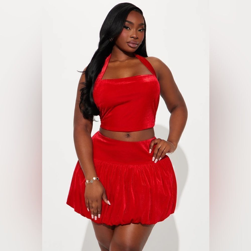 Divine Velvet Bubble Skirt Set - Red